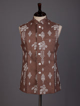 Brown textured sequined waistcoat with glossy statement buttons for mens