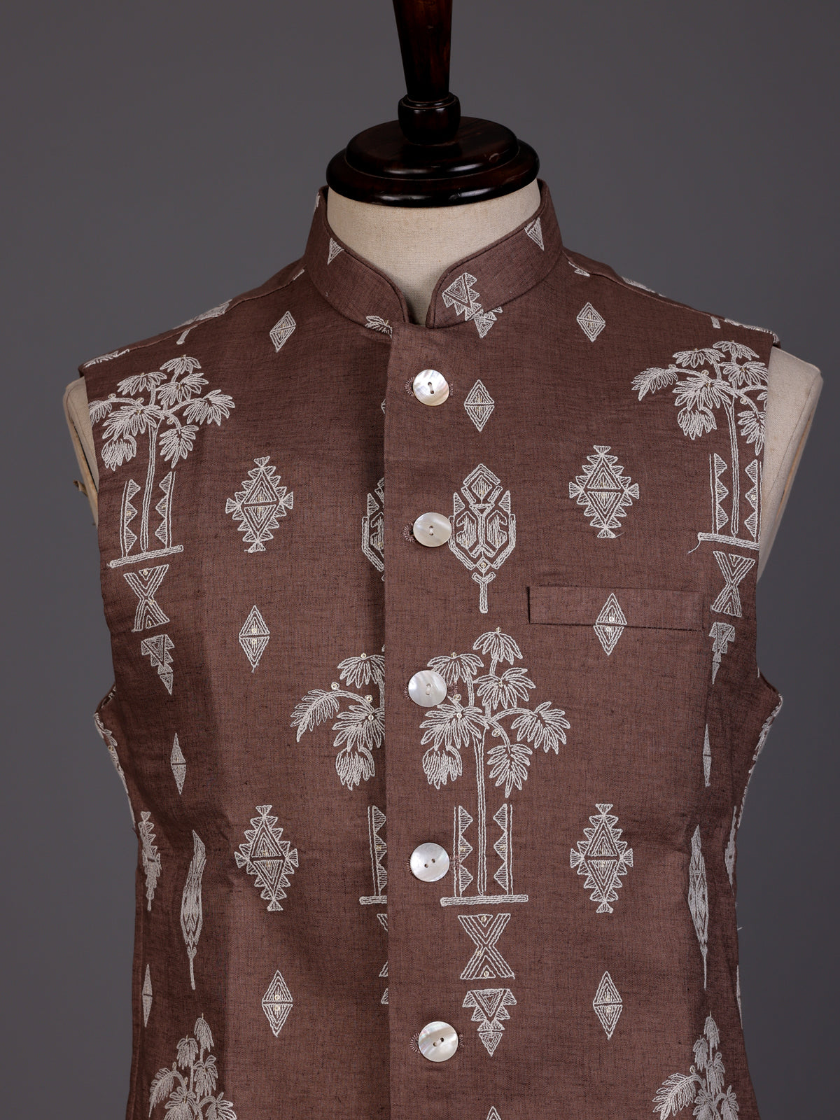 Brown textured sequined waistcoat with glossy statement buttons for mens
