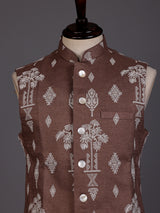 Brown textured sequined waistcoat with glossy statement buttons for mens