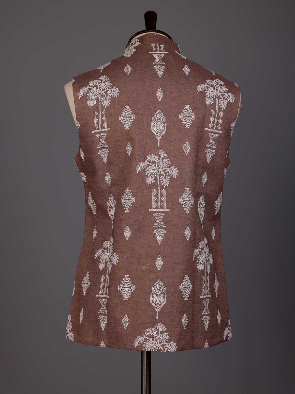 Brown textured sequined waistcoat with glossy statement buttons for mens