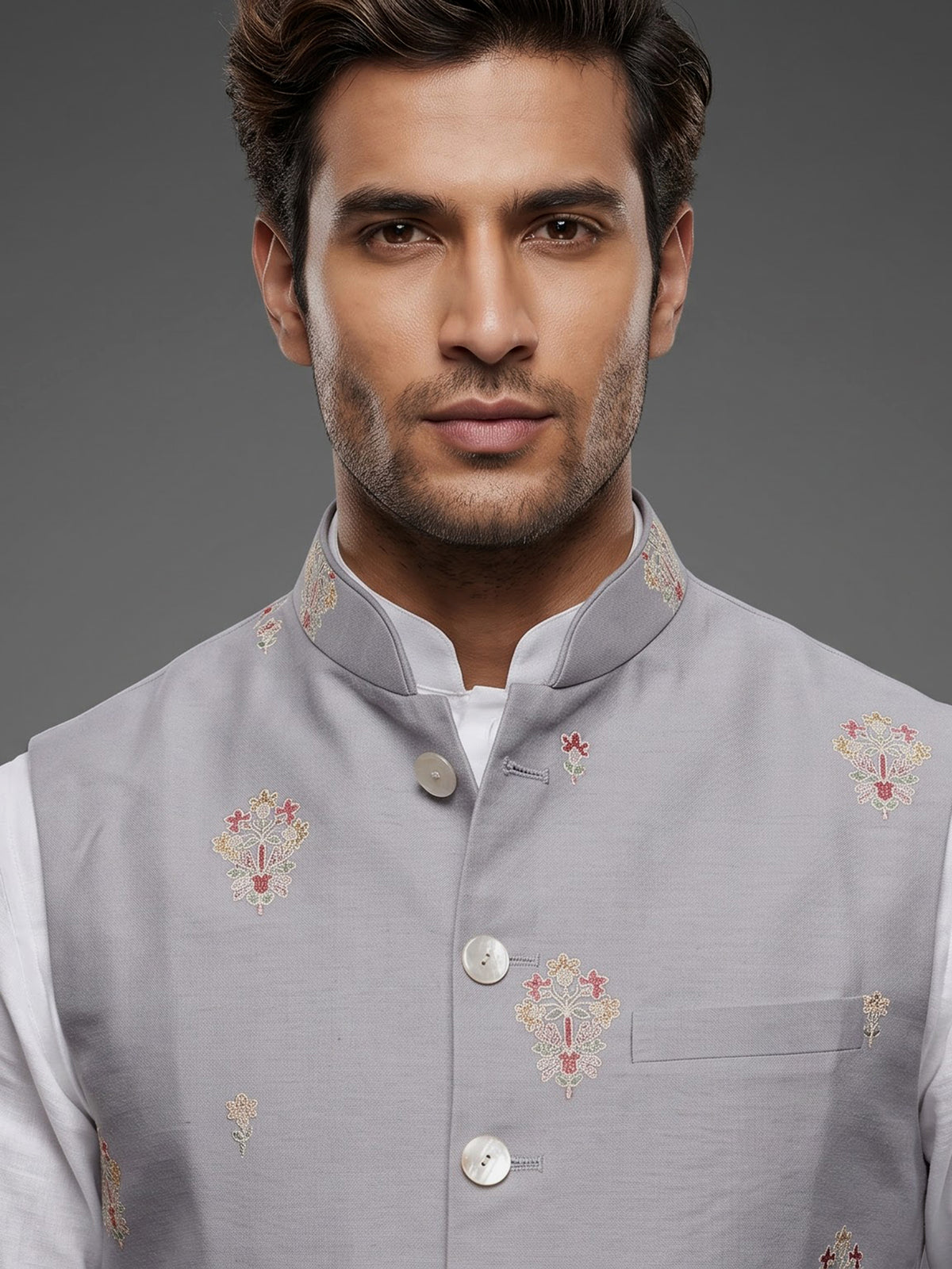 Light grey textured butta waistcoat with mother-of-pearl buttons