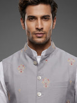Light grey textured butta waistcoat with mother-of-pearl buttons