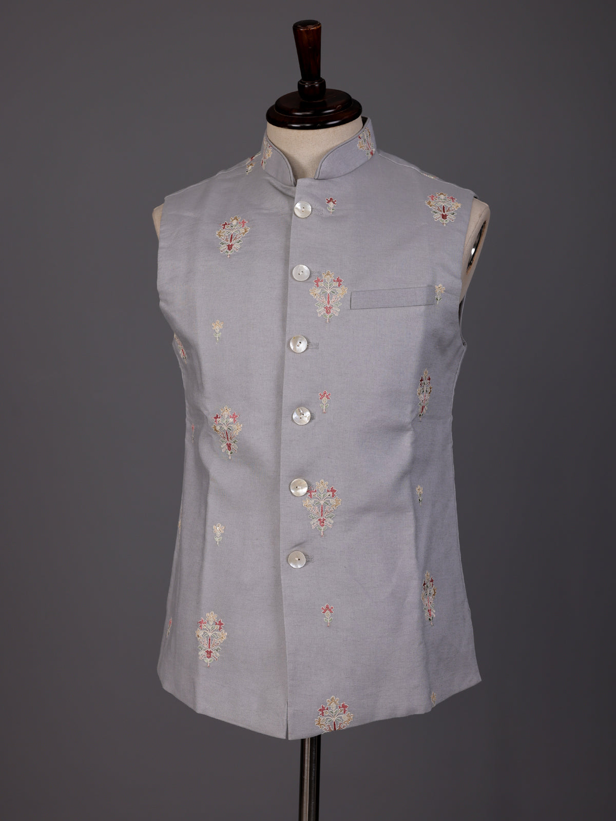 Light grey textured butta waistcoat with mother-of-pearl buttons