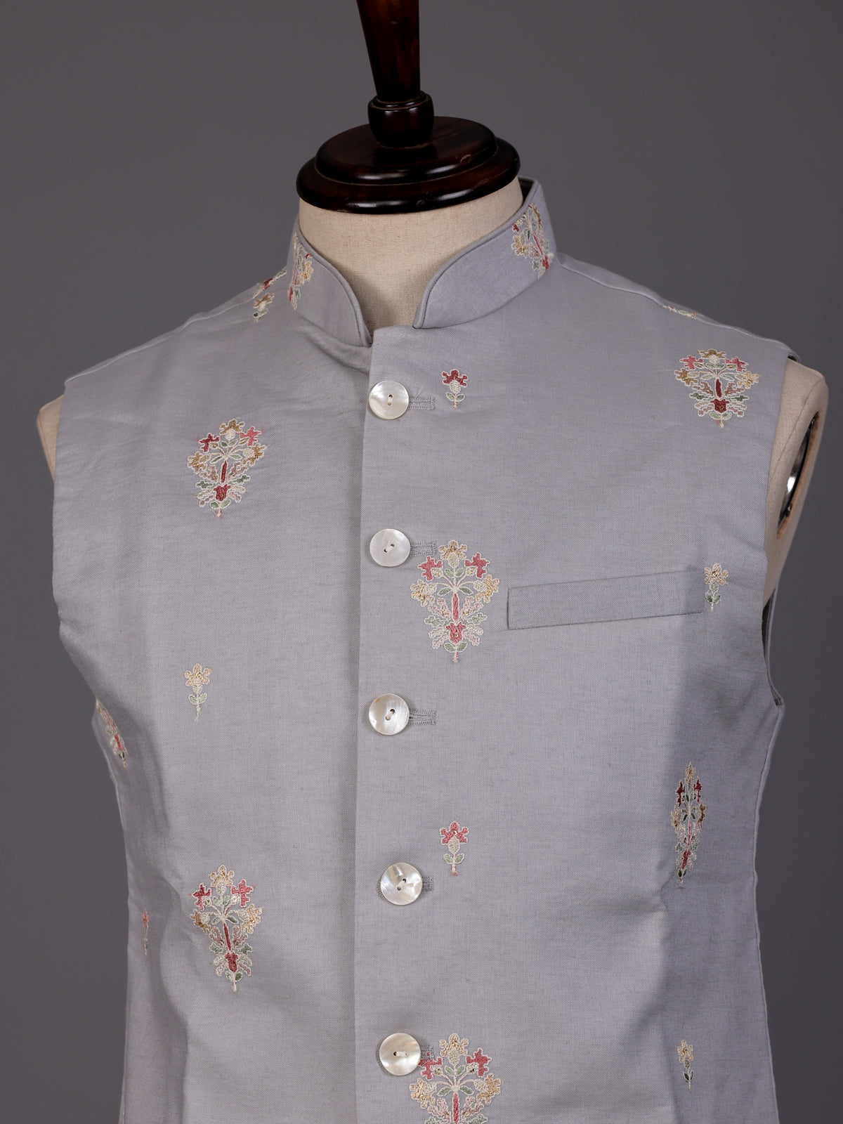 Light grey textured butta waistcoat with mother-of-pearl buttons