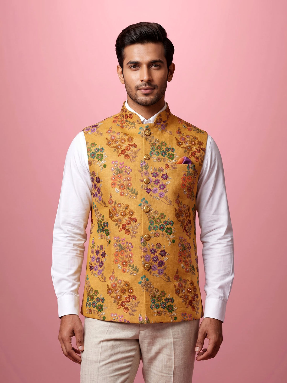 Mustard yellow floral sequined waistcoat for mens festive occasions