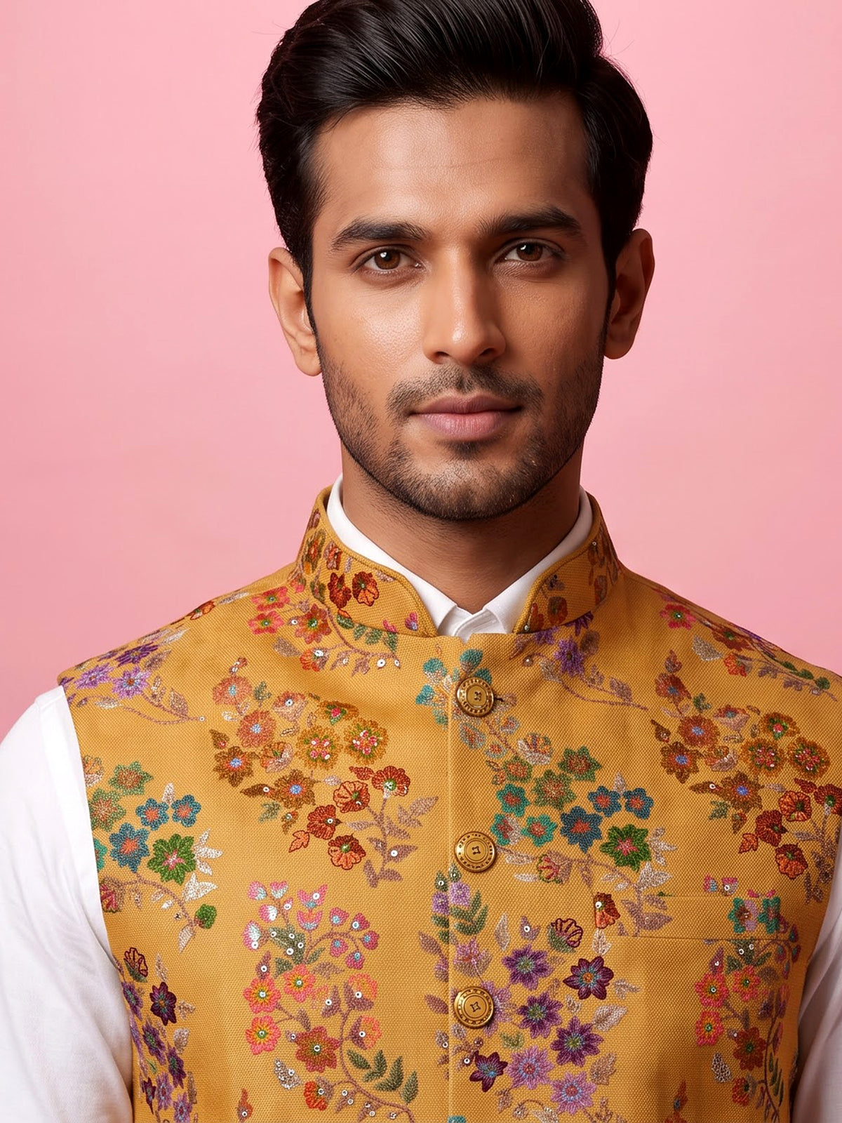 Mustard yellow floral sequined waistcoat for mens festive occasions