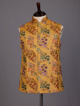 Mustard yellow floral sequined waistcoat for mens festive occasions