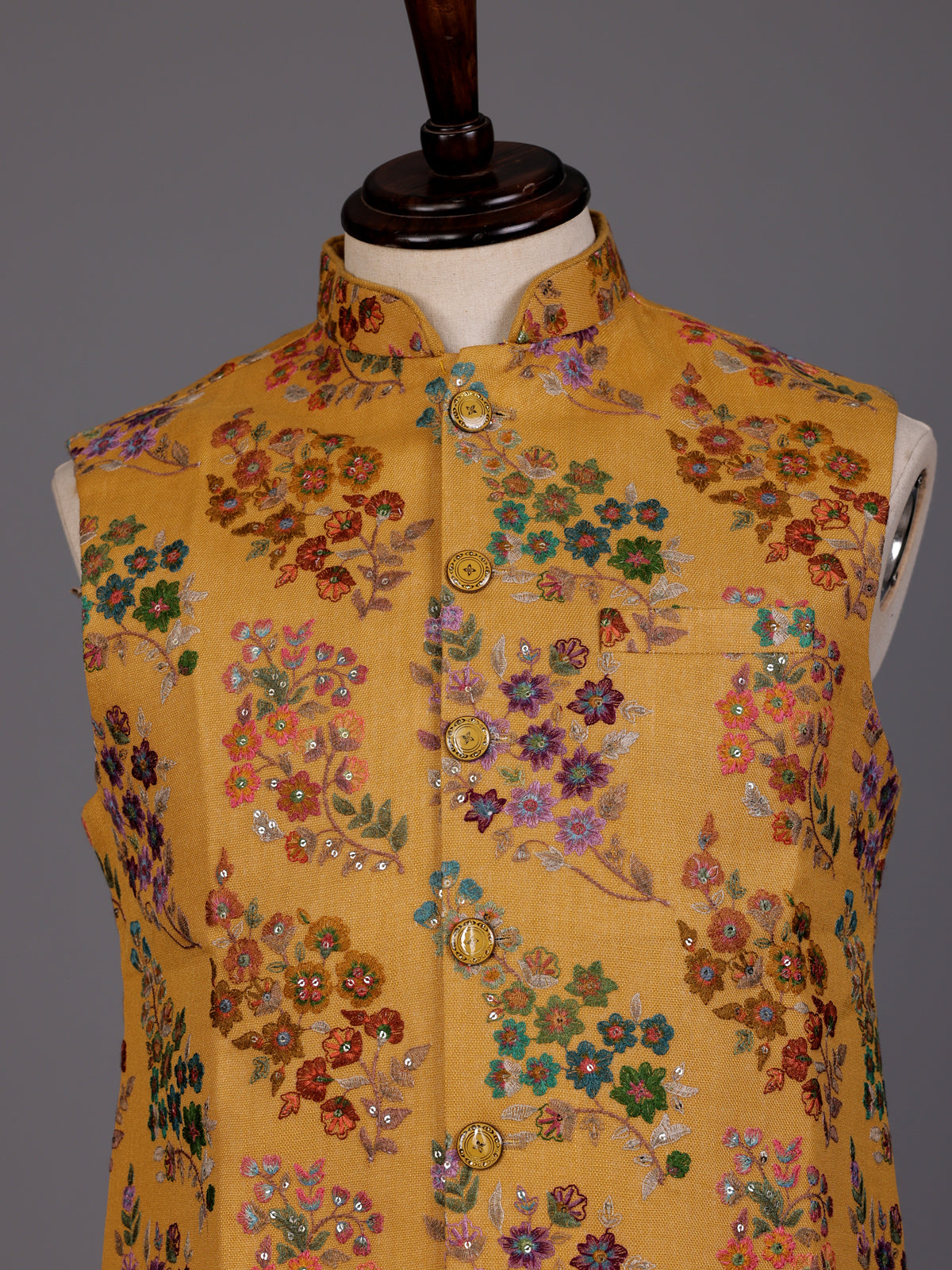 Mustard yellow floral sequined waistcoat for mens festive occasions