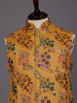 Mustard yellow floral sequined waistcoat for mens festive occasions