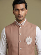Light brown embroidered crest waistcoat with beadwork for mens occasions