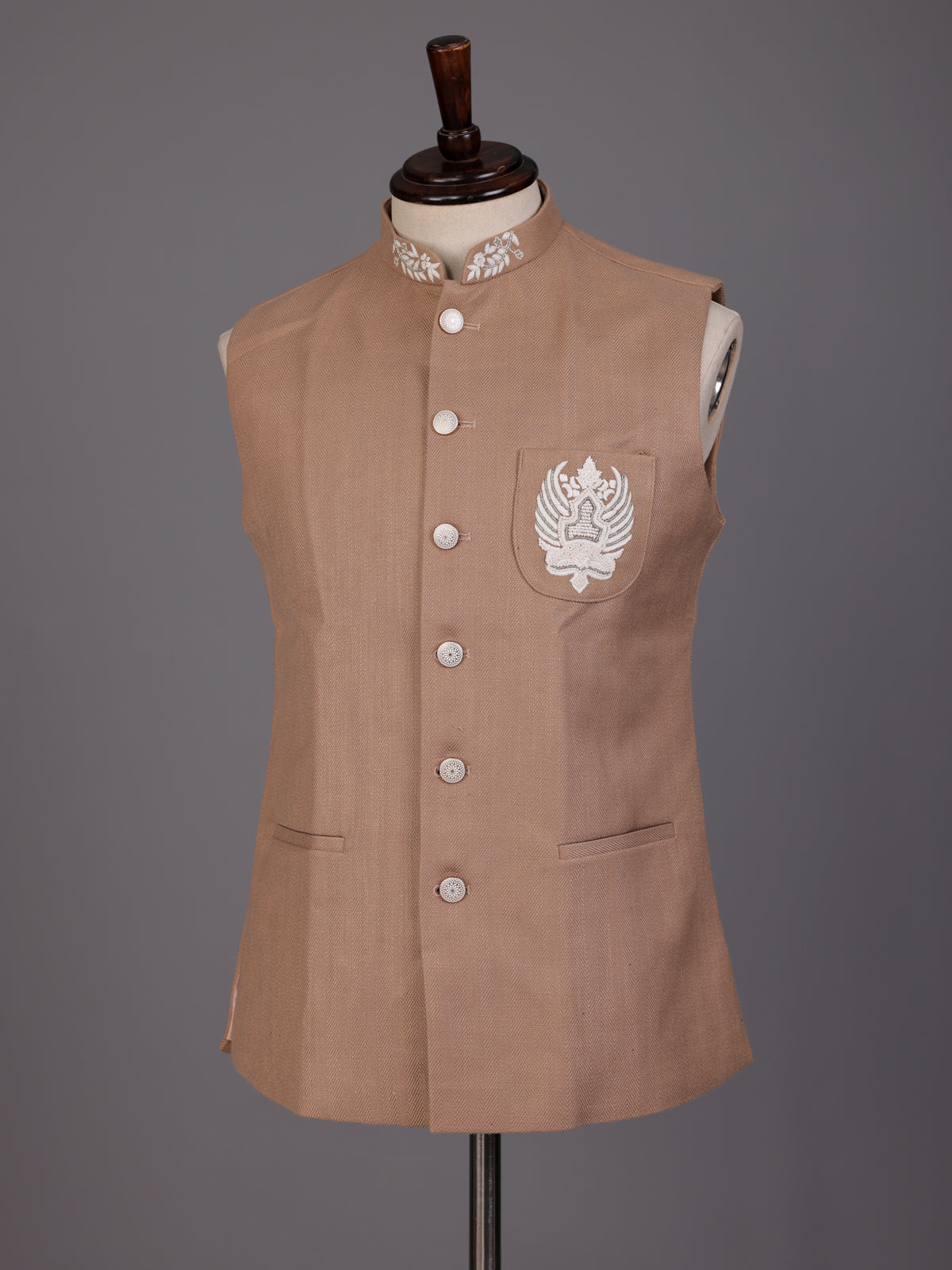 Light brown embroidered crest waistcoat with beadwork for mens occasions