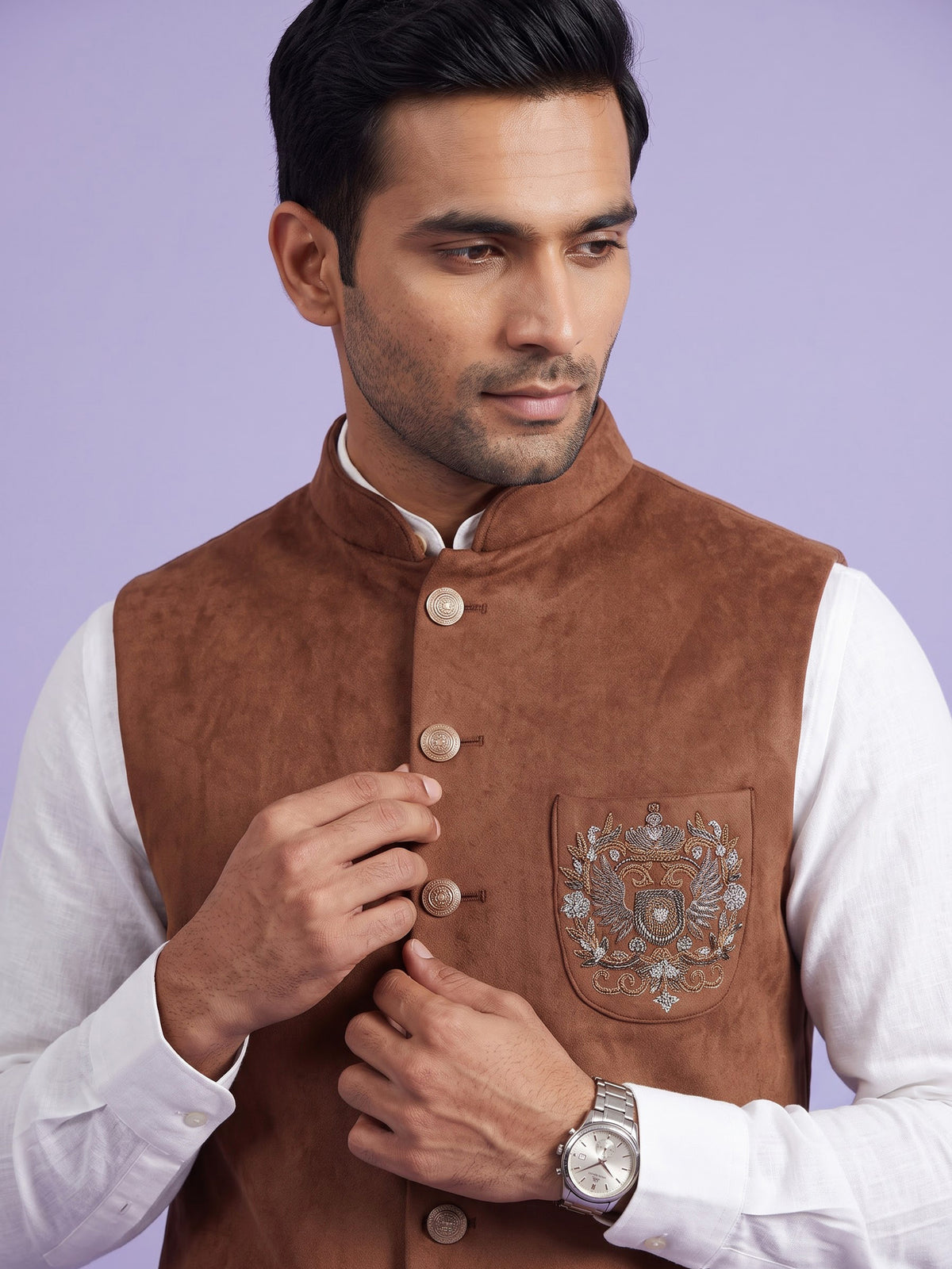 Caramel brown velvet cutdana zardosi waistcoat with metallic artwork