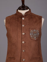 Caramel brown velvet cutdana zardosi waistcoat with metallic artwork