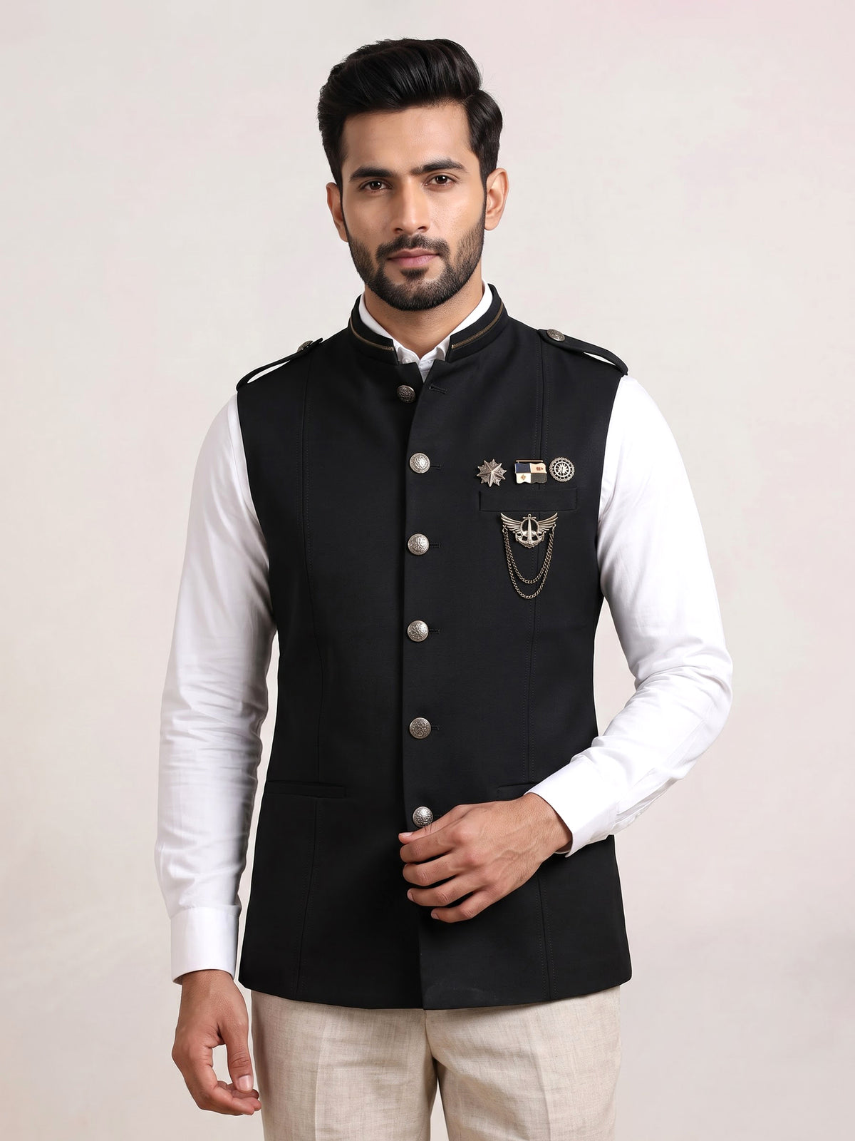 Black premium waistcoat with metallic crest chain brooch for mens