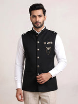 Black premium waistcoat with metallic crest chain brooch for mens