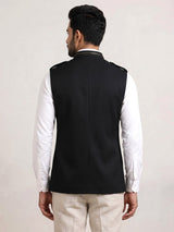 Black premium waistcoat with metallic crest chain brooch for mens