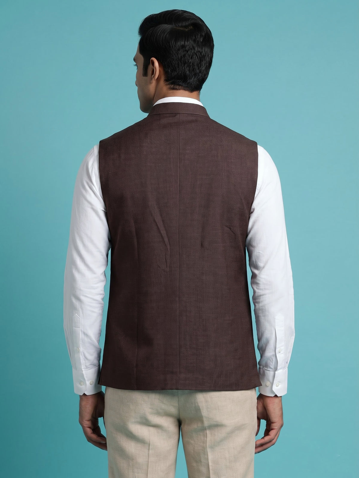 Brown textured waistcoat with metallic rimmed buttons for mens occasions