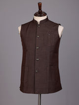 Brown textured waistcoat with metallic rimmed buttons for mens occasions