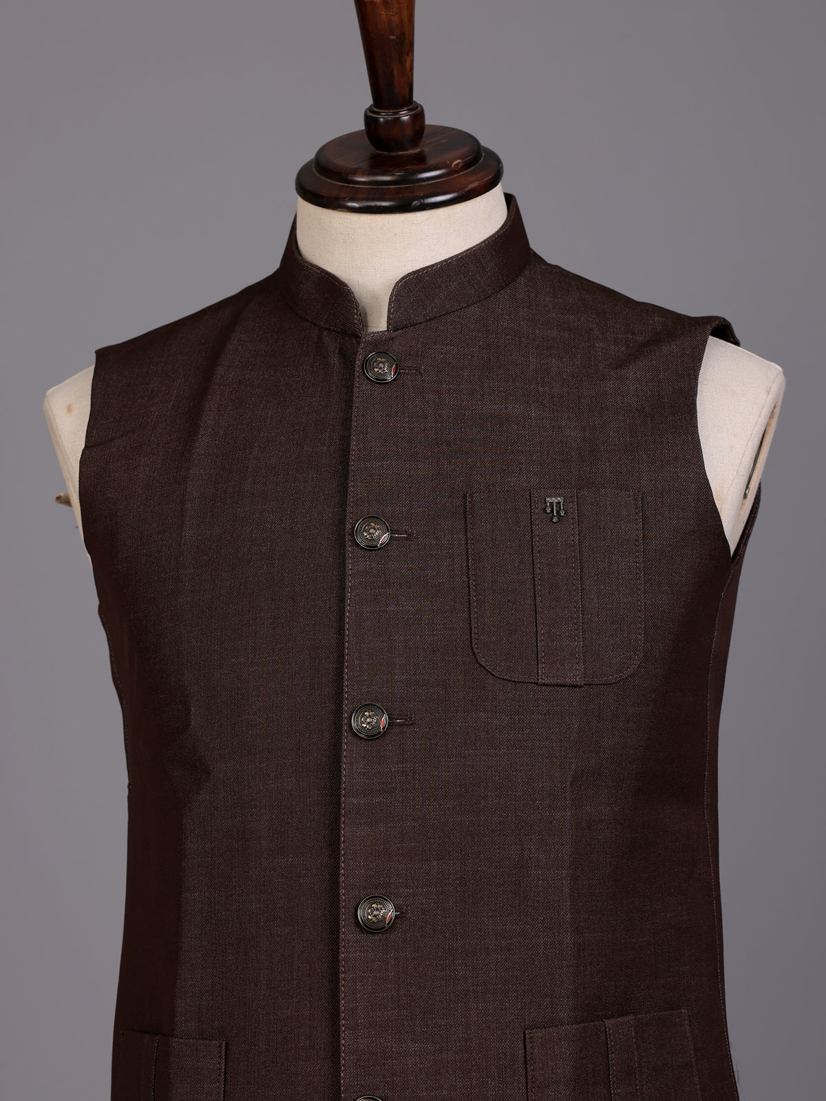 Brown textured waistcoat with metallic rimmed buttons for mens occasions
