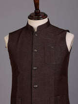 Brown textured waistcoat with metallic rimmed buttons for mens occasions