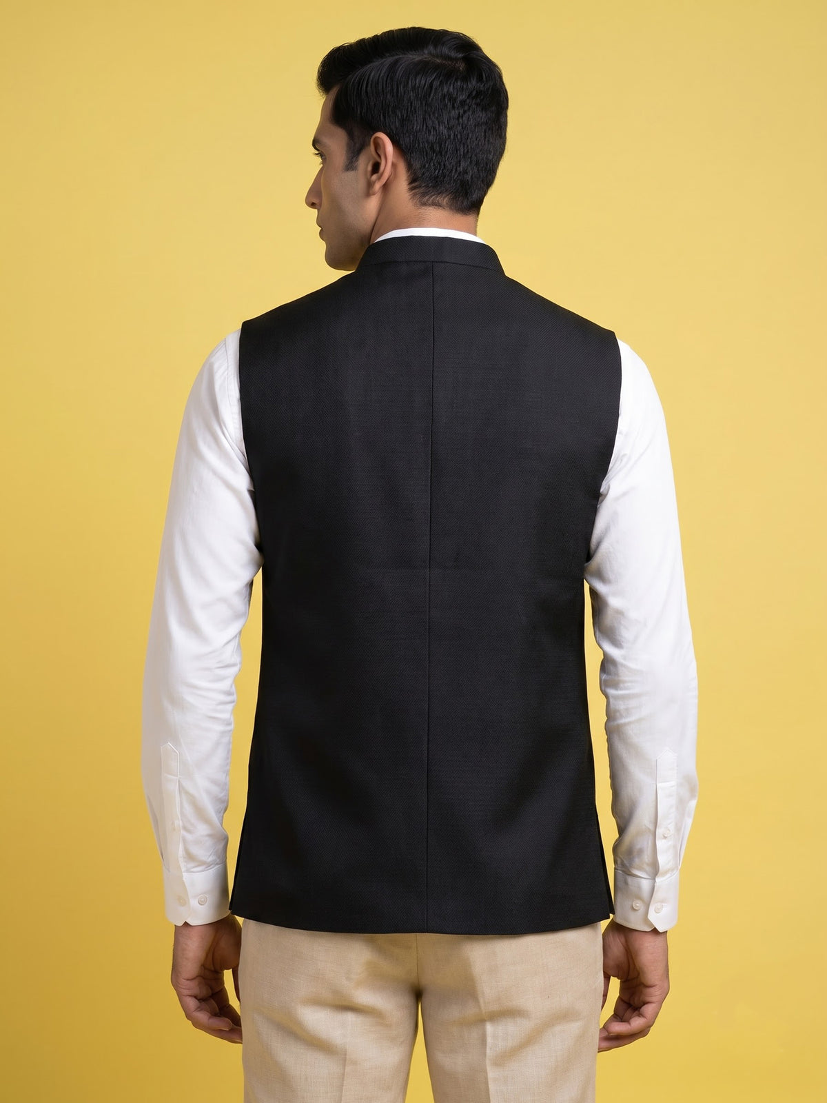 Midnight black waistcoat with pocket square and brooch detailing