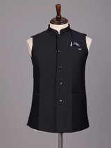 Midnight black waistcoat with pocket square and brooch detailing