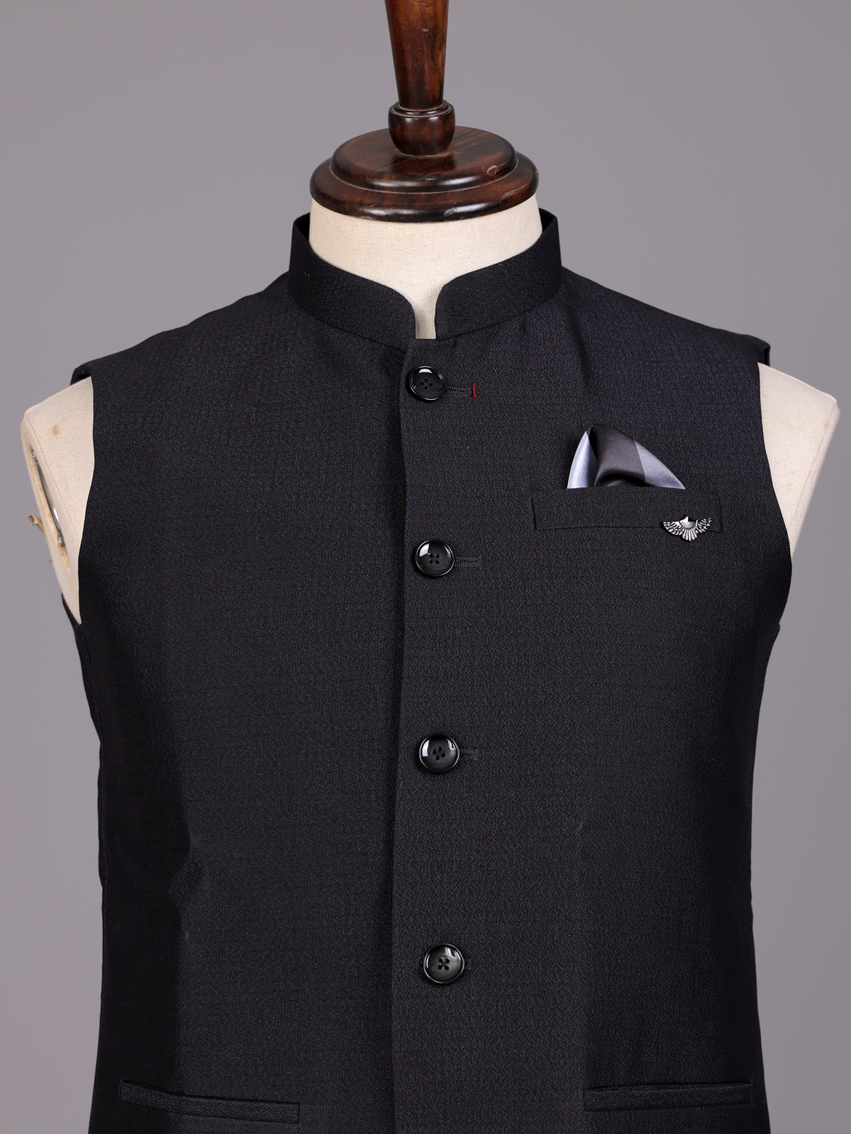 Midnight black waistcoat with pocket square and brooch detailing