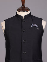 Midnight black waistcoat with pocket square and brooch detailing