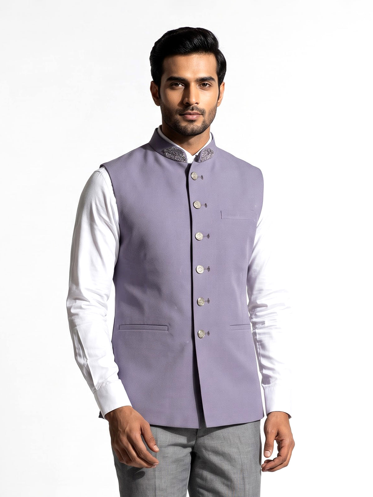 Lilac purple embellished collar waistcoat with metallic buttons for mens