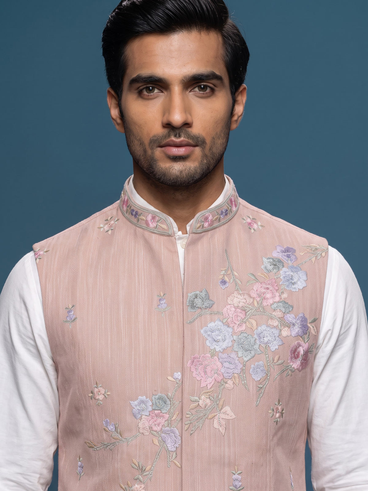 Light peach silk-linen waistcoat with contrast floral embroidery for mens