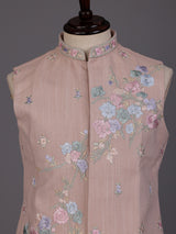 Light peach silk-linen waistcoat with contrast floral embroidery for mens