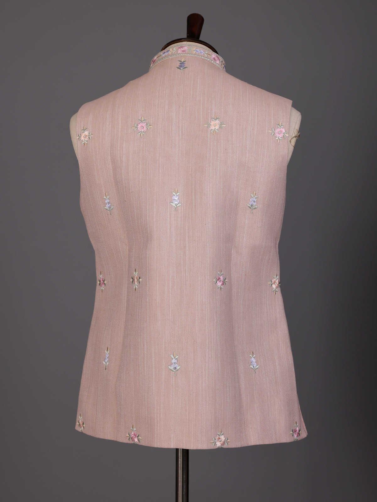 Light peach silk-linen waistcoat with contrast floral embroidery for mens