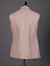 Light peach silk-linen waistcoat with contrast floral embroidery for mens