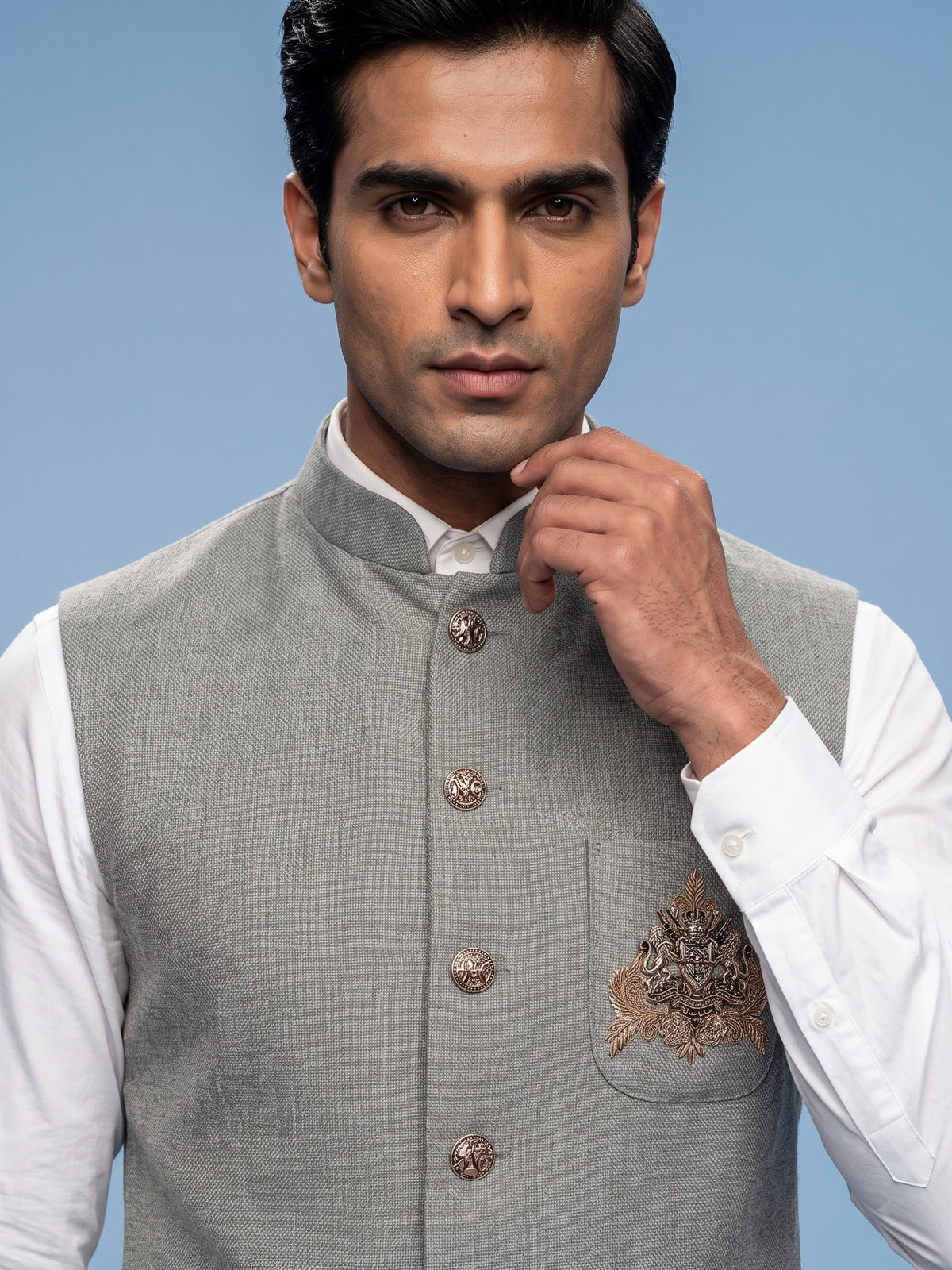 Grey textured safari waistcoat with zardosi embellished chest pocket