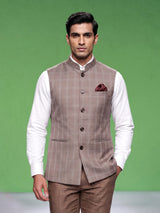 Beige windowpane textured waistcoat with satin pocket square for mens