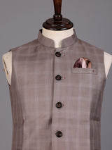 Beige windowpane textured waistcoat with satin pocket square for mens