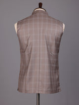Beige windowpane textured waistcoat with satin pocket square for mens