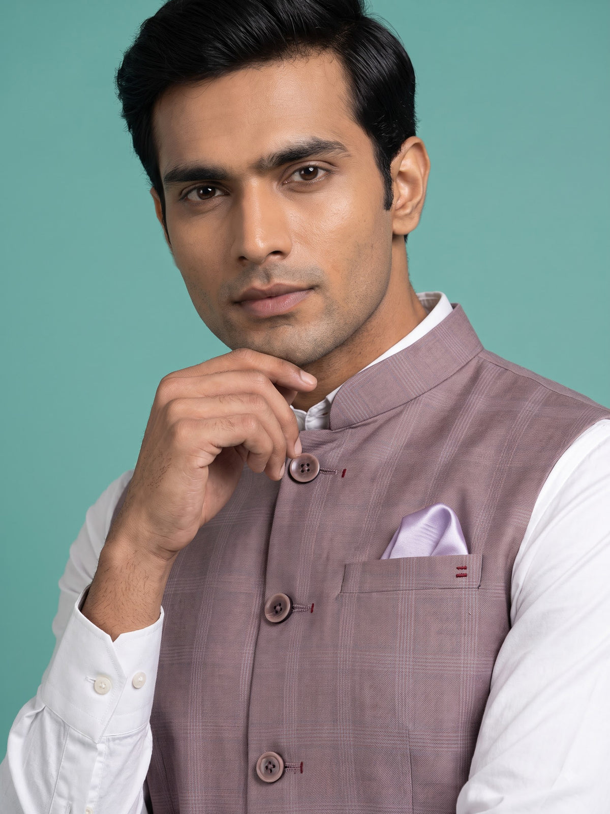 Dusty onion pink windowpane waistcoat with satin pocket square