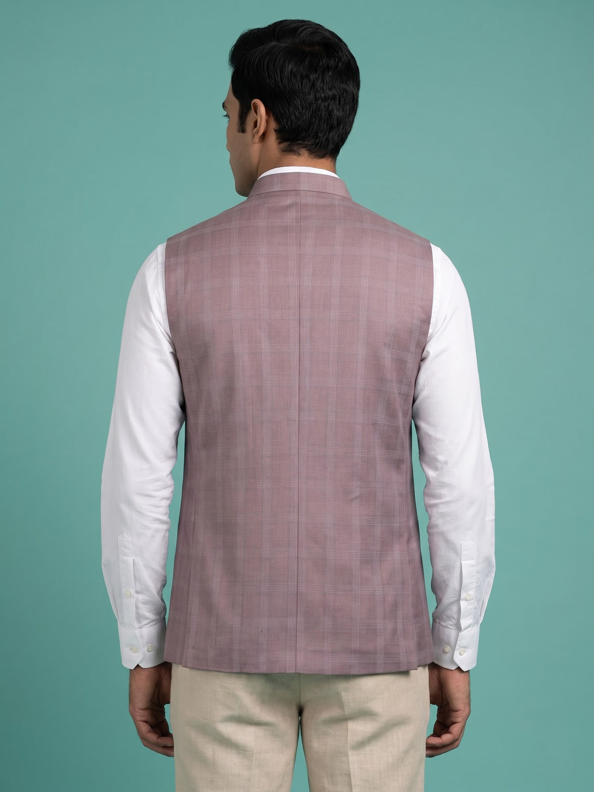 Dusty onion pink windowpane waistcoat with satin pocket square