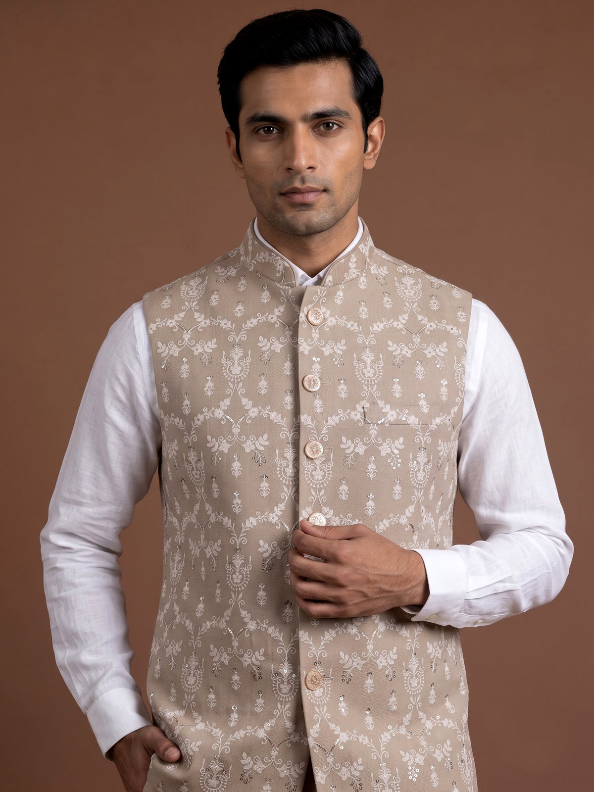 Beige embroidered waistcoat with textured tonal buttons for mens weddings