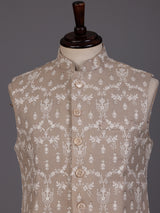 Beige embroidered waistcoat with textured tonal buttons for mens weddings