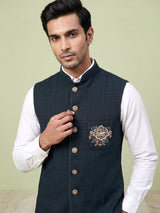 Navy blue royal crest waistcoat with zardosi embellishment for mens
