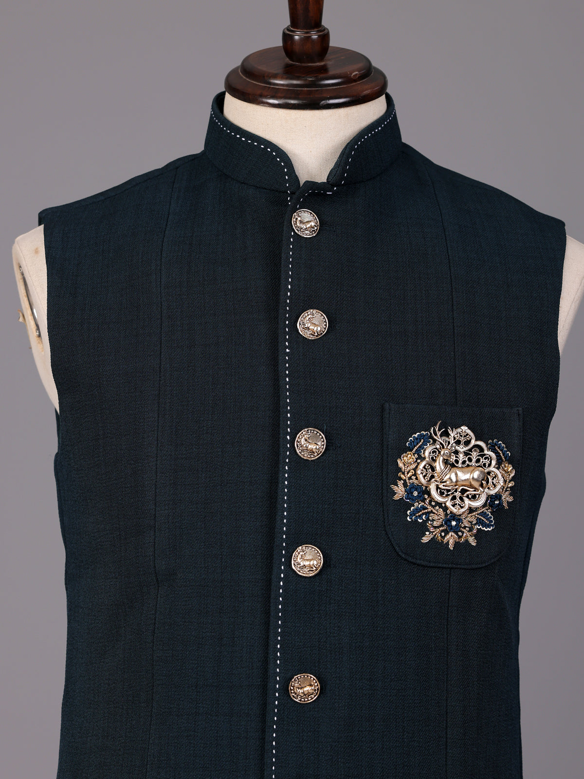 Navy blue royal crest waistcoat with zardosi embellishment for mens