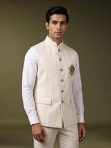 White pearl embellished waistcoat with antique gold buttons for mens