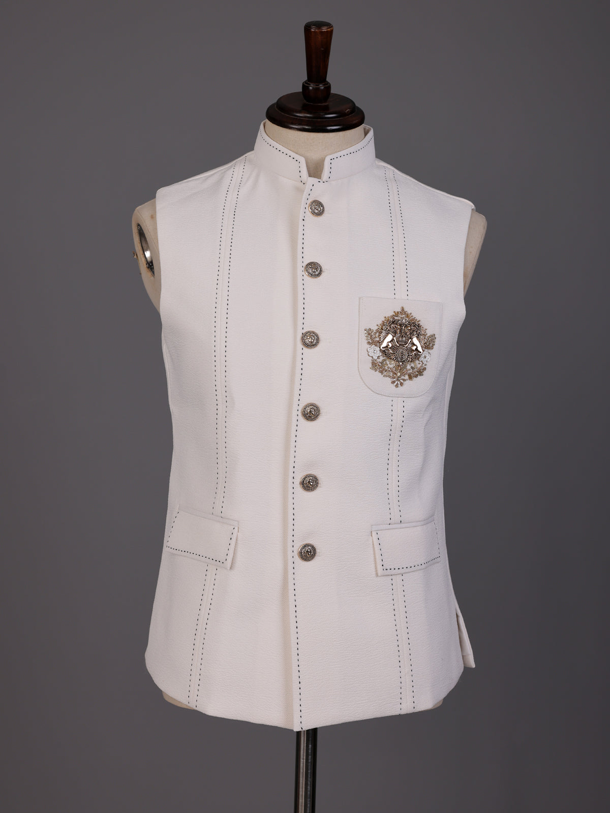 White pearl embellished waistcoat with antique gold buttons for mens