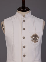 White pearl embellished waistcoat with antique gold buttons for mens