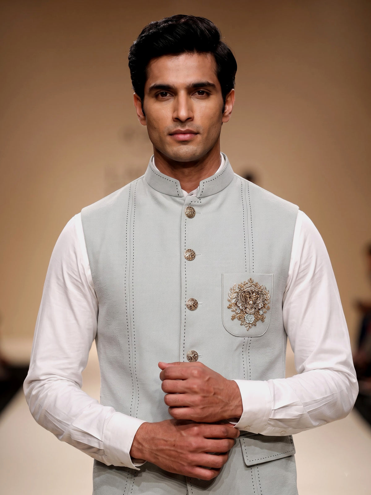 Light grey pearl embellished waistcoat with antique metallic buttons