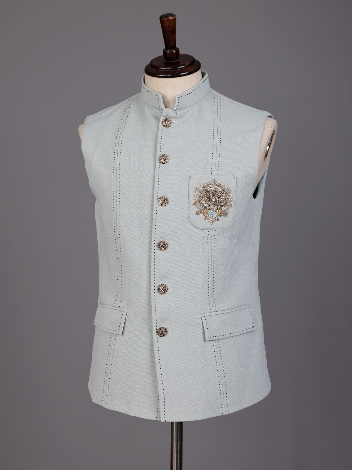 Light grey pearl embellished waistcoat with antique metallic buttons