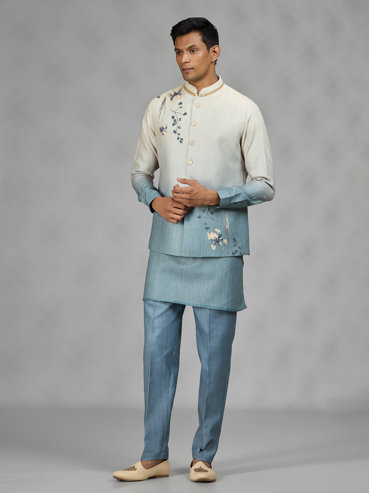 Powder blue floral mens waistcoat set