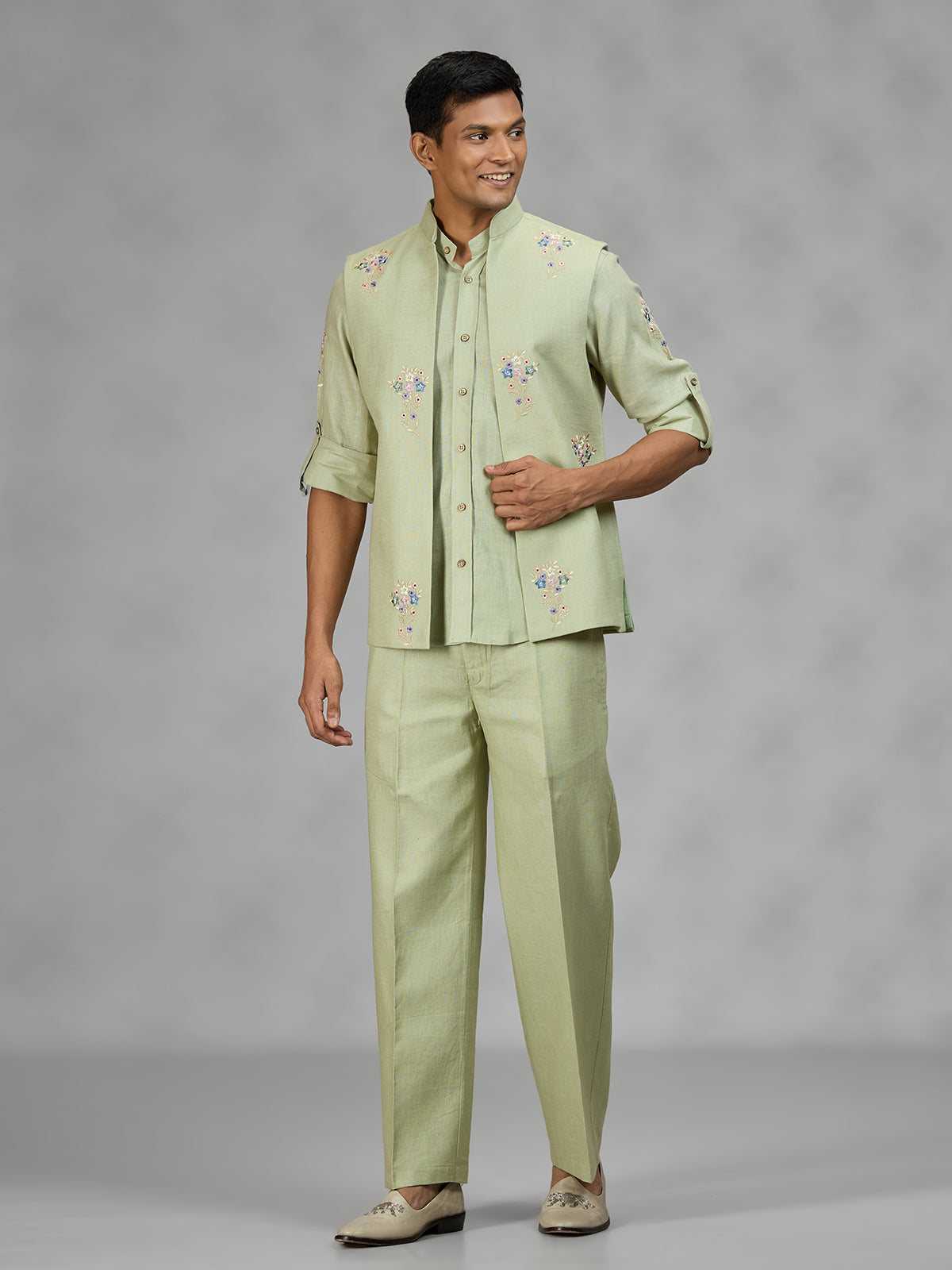 Pista green floral mens waistcoat set
